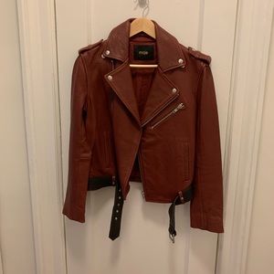 Maje Lamb Leather Biker Jacket, Burgundy, Large